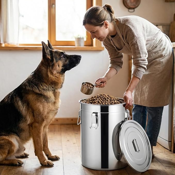 Lounsweer 2 Pack 7 Gal Stainless Steel Dog Food Storage Container with Lid and Locking Clamp 28 L Metal Airtight Container Large Stainless Steel Bucket with Food Scoop for Pet Feed