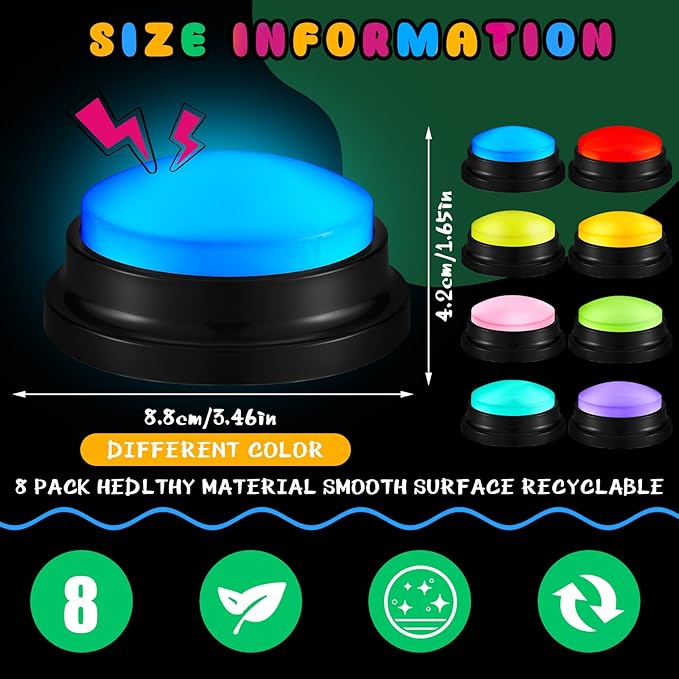 Honoson 8 Pack Recordable Answer Buzzers Button Custom Programmable Sound Buttons Funny Birthday Gifts for Family Trivia Nights Classroom Communication Study Home Office Game(Fresh Color)