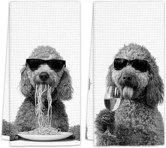 Goldendoole Gifts Wine Kitchen Towels Set of 2, Funny Golden Doole Dog Eating Pasta Decorative Hand Dish Towel for Kitchen Home Bar, Gift for Goldendoole Dog Lovers Home Bar Decor(16x24Inch)