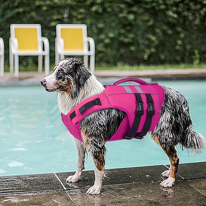 Kuoser Dog Life Jacket Large, High Flotation Dog Water Vest for Swimming Boating, Reflective Doggie Swimming Vest Pet Life Preserver with Rescue Handle, Rose L