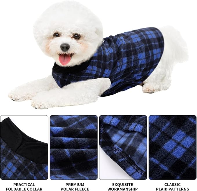 Pedgot 6 Pieces Warm Fleece Vest With Leash Ring - Dog Sweatshirt Winter Pet Clothes Plaid Pullover for Puppy Small Dogs Cat, Medium