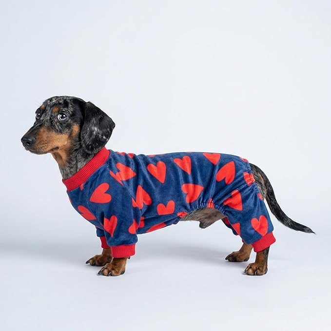 Fitwarm Valentines Day Sweet Hearts Dog Pajamas, Dog Winter Clothes for Small Dogs Girl Boy, Lightweight Velvet Pet Jumpsuit, Cat Onesie, Dark Blue, Red, Medium
