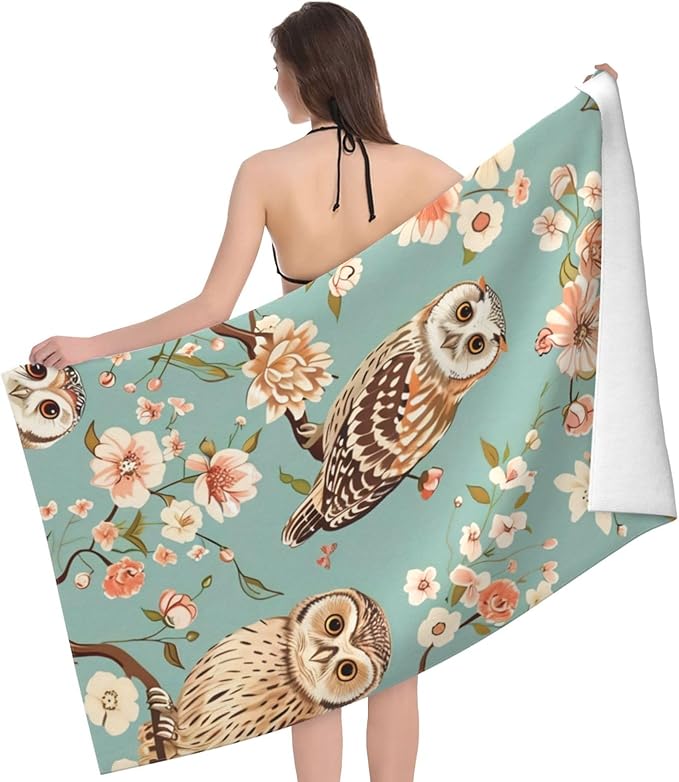 Cute Owl Beach Towel 31inx51in, Animal Sand-Free Microfiber Bath Towel Ultra Soft Quick Dry Pool Towel Absorbent Towel Lightweight Towel for Swimming Bathroom Decor