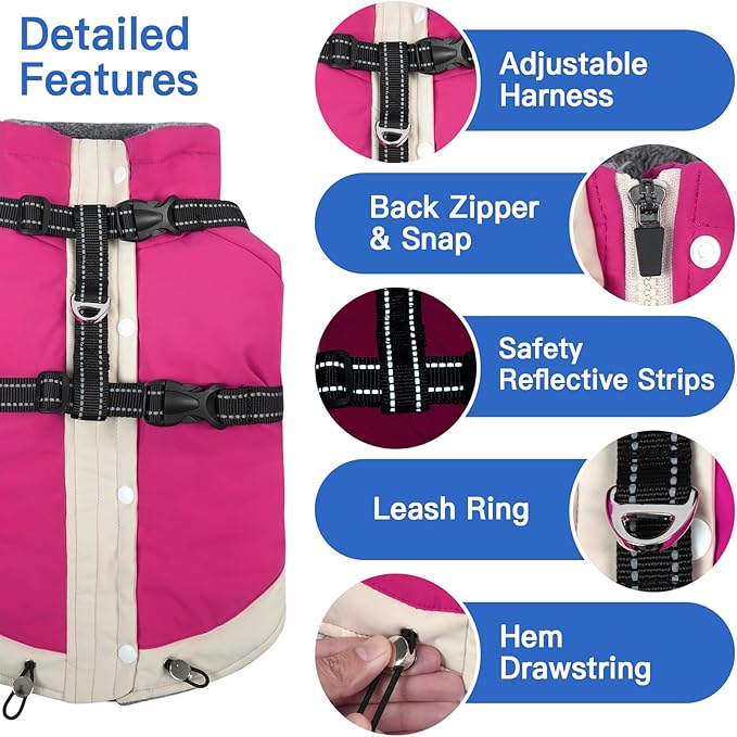 XXX-Large Dog Coat with Reflective Harness 2 in 1 for Dog Walking | Winter Turtleneck Windproof Coat for Large Dogs,Snowsuit with Sleeves Protect Joints,Cold-Weather Clothing(Rosered)