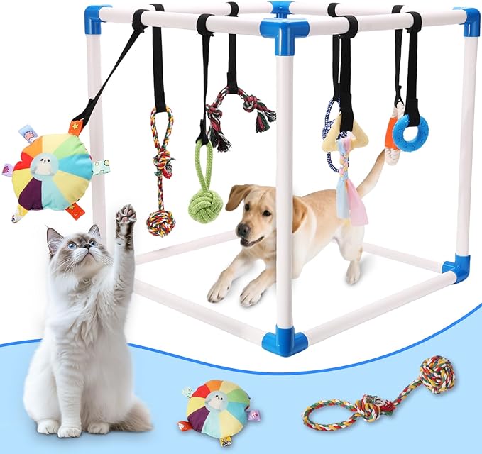Puppy Play Gym with 8 Hanging Interactive Toys, Indoor Jungle Gym for Small Dogs & Puppies 0-6 Months, Adjustable PVC Frame, Teething Chew Toys for Mental Stimulation & Boredom Relief