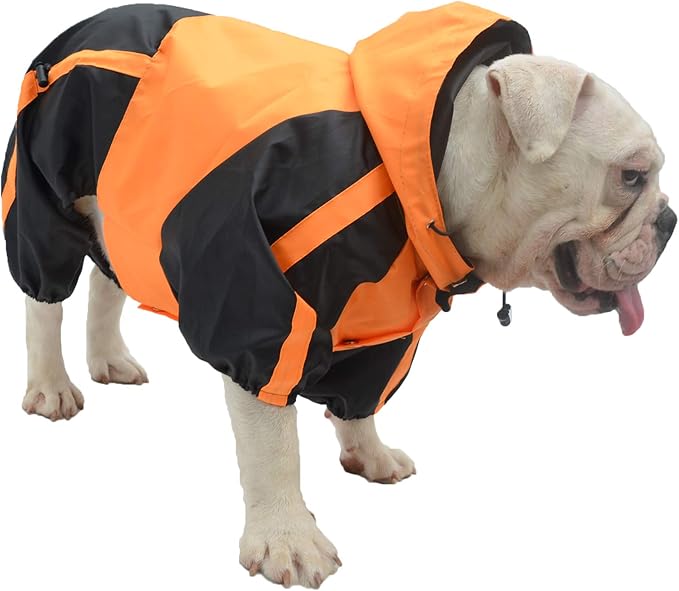 Lovelonglong American Bully Pitbull Dog Hooded Raincoat, Bulldog Rain Jacket Poncho Waterproof Clothes with Hood Breathable 4 Feet Four Legs Rain Coats for Pugs English French Bulldog Orange B-M