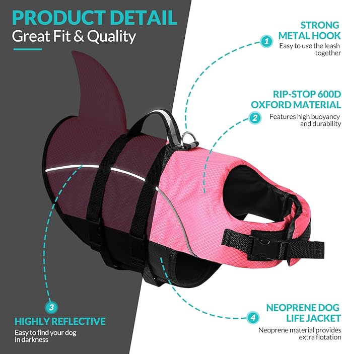 Queenmore Small Dog Life Jacket,Shark Dog Life Vest for Swimming,Puppy Light Life Preserver for Boating kayaking Canoeing,Pet Reflective Lifesaver with High Buoyancy,Rescue Handle,Leash Hook (Pink,XS)