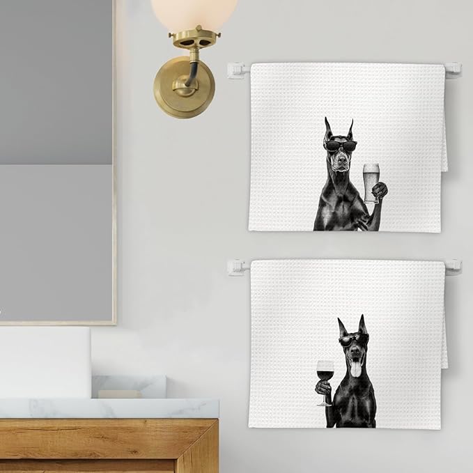 Doberman Gifts Wine Kitchen Towels Set of 2, Funny Doberman Wine Lover Decorative Hand Dish Towel for Kitchen Home Bar, Gifts for DobermanDog Beer Lovers Home Bar Cart Decor(16x24Inch)