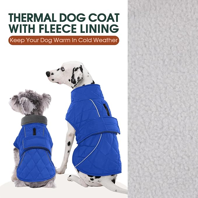Kuoser Dog Jacket Warm Fleece Lined Dog Coats for Small Dogs, Waterproof Pet Coat Reflective Puppy Snowsuit with Harness Hole for Cold Weather Walking Hiking, Quilted Dogs Winter Vest, Blue, S