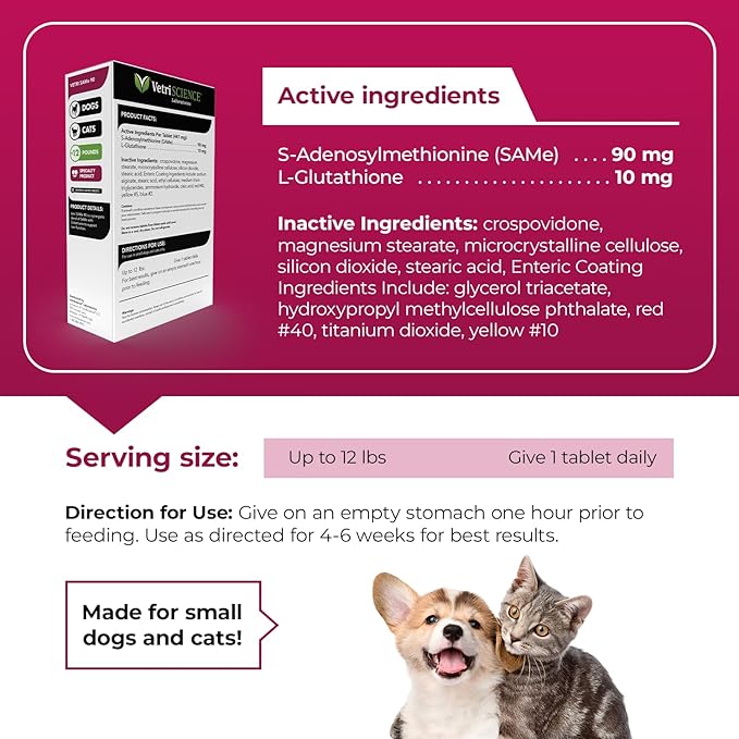 VetriScience Same Liver Health Tablets, 90 mg S-Adenosyl-Methionine Health and Detox Supplement for Cats and Small Dogs Under 13 Pounds, Glutathione Antioxidant Support, 30 Count