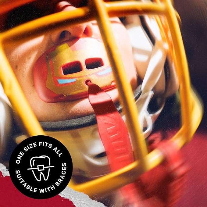 Marvel Iron Man Lip Guard, Football Mouth Guard with Detachable Strap, Lip Protector Adults and Junior, American Football, Lacrosse (One Size, Red Metallic)