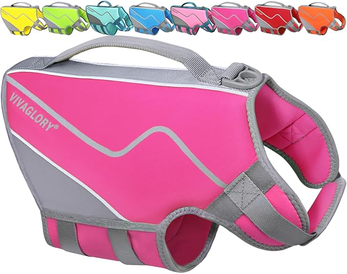 VIVAGLORY Neoprene Dog Life Vest, Dog Life Jacket for Swimming & Boating, Lightweight & Buoyancy for Puppy Doggy, Swimming Vest with Handle, M, Pink