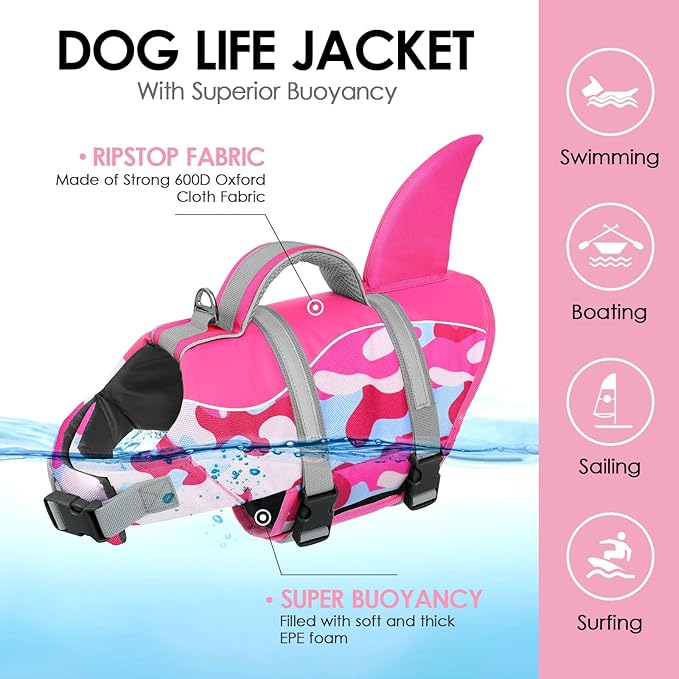AOFITEE Dog Life Jacket, Shark Dog Life Vest for Swimming Boating, Reflective High Flotation Small Dogs Lifesaver, Ripstop Pet Swim Vest Swimsuit with Rescue Handle for Small Medium Large Dogs, S