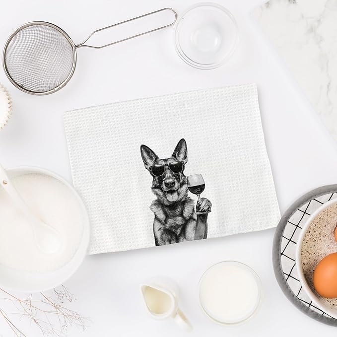 German Shepherd Gifts Wine Dog Kitchen Towels, Gifts for German Shepherd Wine Lovers Decorative Hand Dish Towel for Kitchen Home Bar, Funny Germanshepherd WineLover Home Bar Decor(16x24Inch)