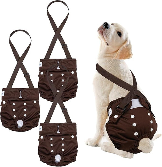 Pet Soft Dog Diapers Female with Suspenders, 3 Pack Reusable Female Dog Diapers for Heat, Dog Period Panties for Doggie in Cycle(Medium, Bear Brown)