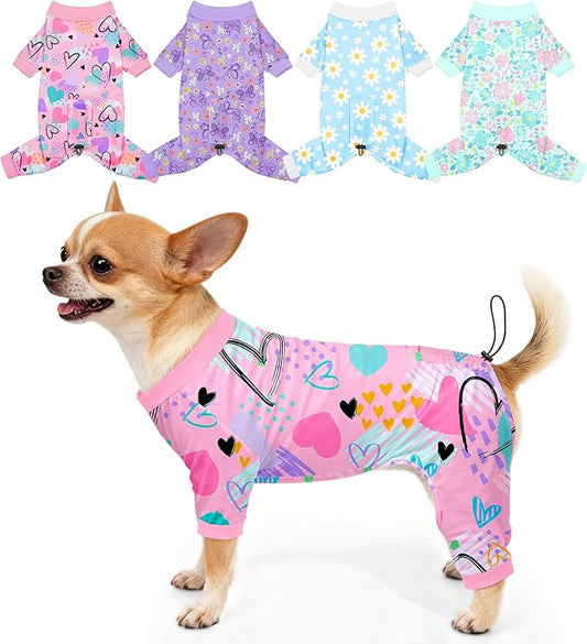 Bienbee Dog Pajamas, 4 Pack Dog Recovery Suit Shedding Suit Cute Soft Puppy Clothes Dogs Pjs Onesies Jammies Adjustable Breathable & Stretchy Clothes for Small Medium Large Dogs Girl Boy Puppy-S