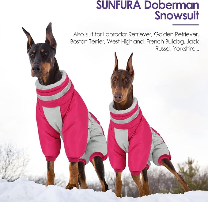SUNFURA Full Body Dog Coat - Warm Fleece Jacket for Extra Large Dogs, Turtleneck Winter Coats with Harness, Reflective Dog Snowsuit Windproof Puffer Jackets with Legs for Great Dane, Hot Pink 3XL