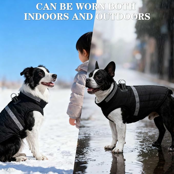 EXPAWLORER Dog Winter Coat Jacket, Thick Warm Waterproof Reflective Puppy Snowsuit with Harness Buit in, Pet Fleece Vest Soft Turtleneck with Zipper Cold Weather for Small Medium Dogs - BlackXL