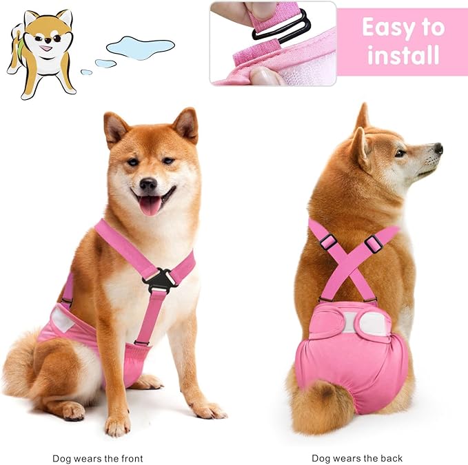 Idepet Female Dog Diapers with Suspender Detachable, 3 Pack Washable Reusable Girl Doggie Diapers for Small Medium Female Dog in Heat Period Cycle Urinary Incontinence Training L