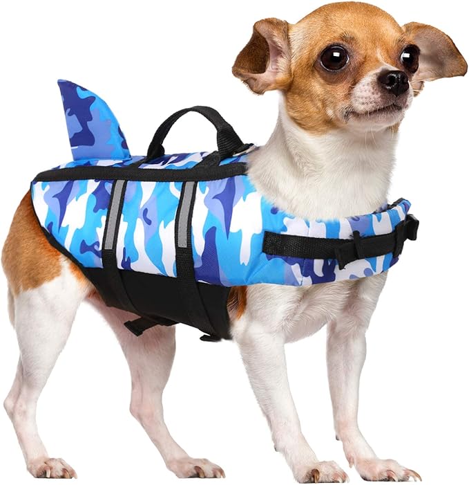 Queenmore Dog Life Jacket Pet Safety Vest High Buoyancy Camouflage Color Cute Shark with Strong Rescue Handle and Leash Ring for Boating, Canoeing, Surfing, Hunting, Blue L
