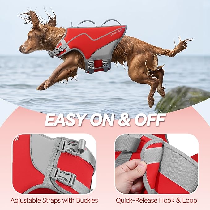VIVAGLORY Neoprene Dog Life Vest, Dog Life Jacket for Swimming & Boating, Lightweight & Buoyancy for Puppy Doggy, Swimming Vest with Handle, L, Red