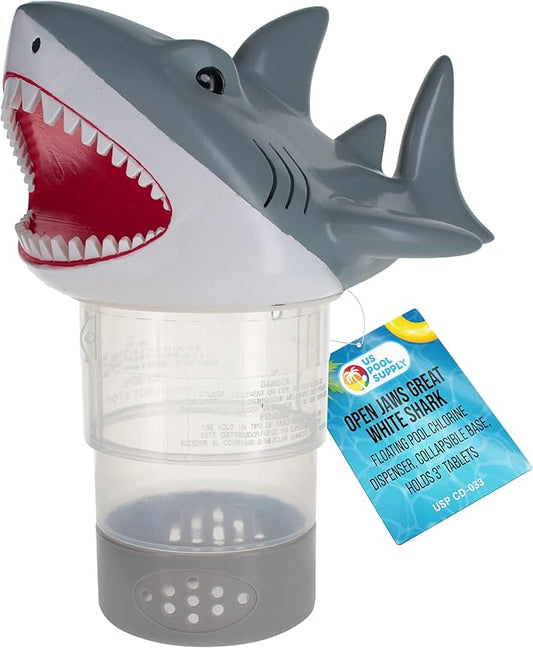 U.S. Pool Supply Open Jaws Great White Shark Floating Pool Chlorine Dispenser, Collapsible Base, Holds 3" Tablets - Scary Teeth, Fun Animal Float Floater Decoration, Adjustable Balanced Delivery, Spa