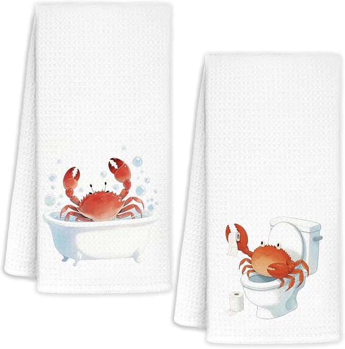 Funny Red Crab Bathroom Hand Towels Set of 2, Crab Gifts, Kids Bathroom Decor, Coastal Nautical Beach Hand Towels for Bath Room Washroom Toilet, 16x24 Inch