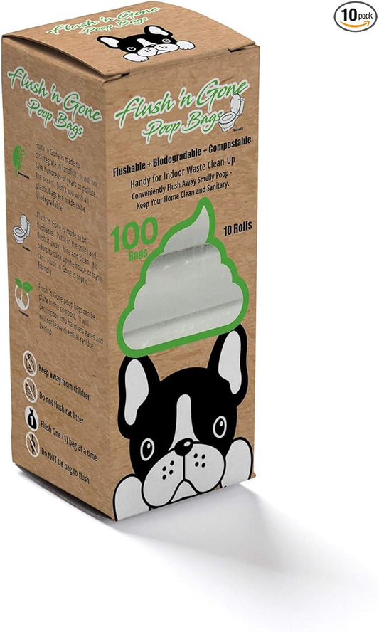 Flush 'n Gone Poop Bag - 10 rolls (100 Bags) - Biodegradable, Compostable, Flushable Poop Bags for Better Environment