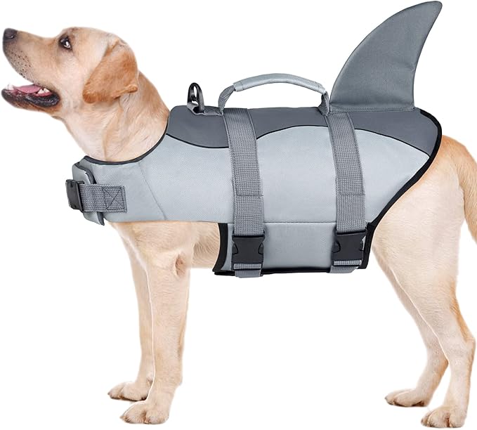 Malier Dog Life Jacket, Ripstop Dog Life Vest with High Buoyancy for Swimming Boating, High Visibility Shark Puupy Lifesaver for Small Medium Large Dogs (Gray, Large)