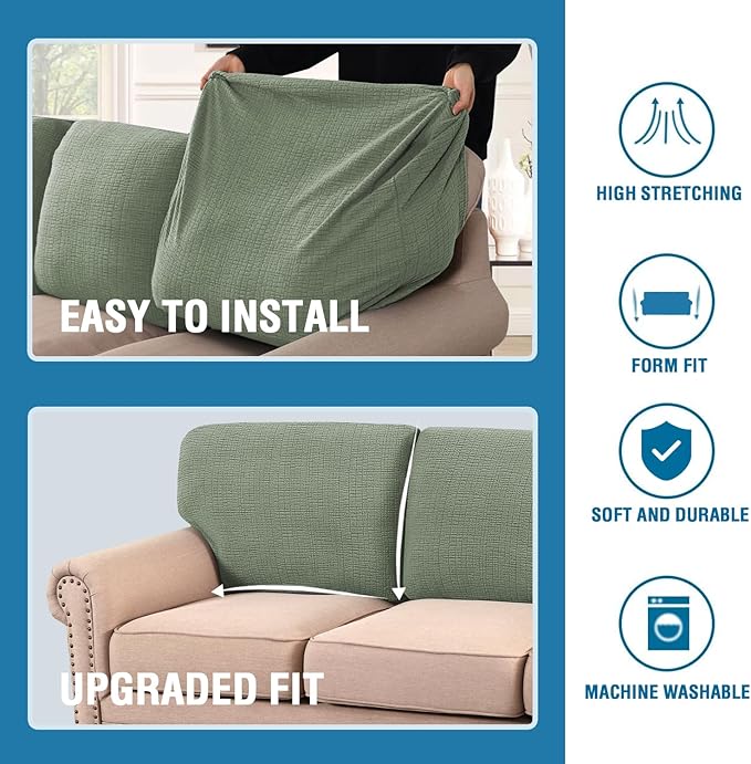 H.VERSAILTEX Jacquard 3 Piece Sofa Cover Set High Stretch Sofa Covers for 3 Cushion Couch Anti-Slip Furniture Protector with Elastic Bottom Soft Thick Fabric Crizzle Pattern(3 Back Covers, Sea Grass)
