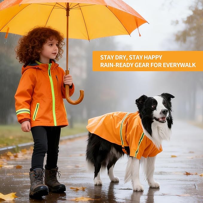 Dog Raincoat, Waterproof Windproof Dog Rain Jacket Adjustable, Rain Coat with Leash Hole, Reflective Strap Raincoat Poncho for Small Medium Large Dogs Outdoor (Reflection-Orange, XXS)