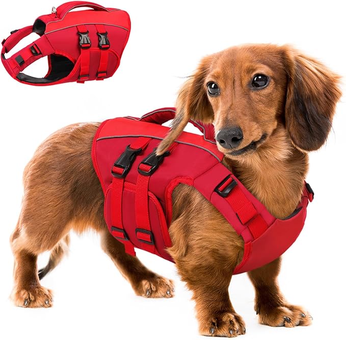 Queenmore Medium Dog Life Jacket, Red, Ripstop Dog Lifesaver with Rescue Handle, Dog Swimming Vest