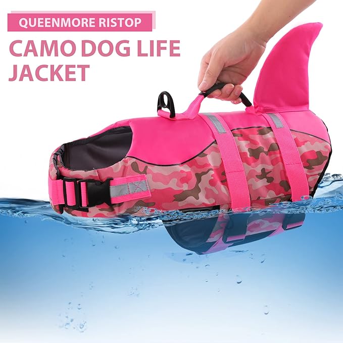 Queenmore Dog Life Jacket Ripstop Dog Shark Safety Vest Adjustable Preserver with High Buoyancy and Durable Rescue Handle for Small,Medium,Large Dogs, Pink Camouflage X-Large