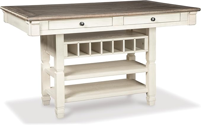 Signature Design by Ashley Bolanburg Rectangular Counter Dining Room Table, 4 Drawers, Seats 6, Storage Rack, Wood, 60" W x 40" D x 36" H, White & Brown