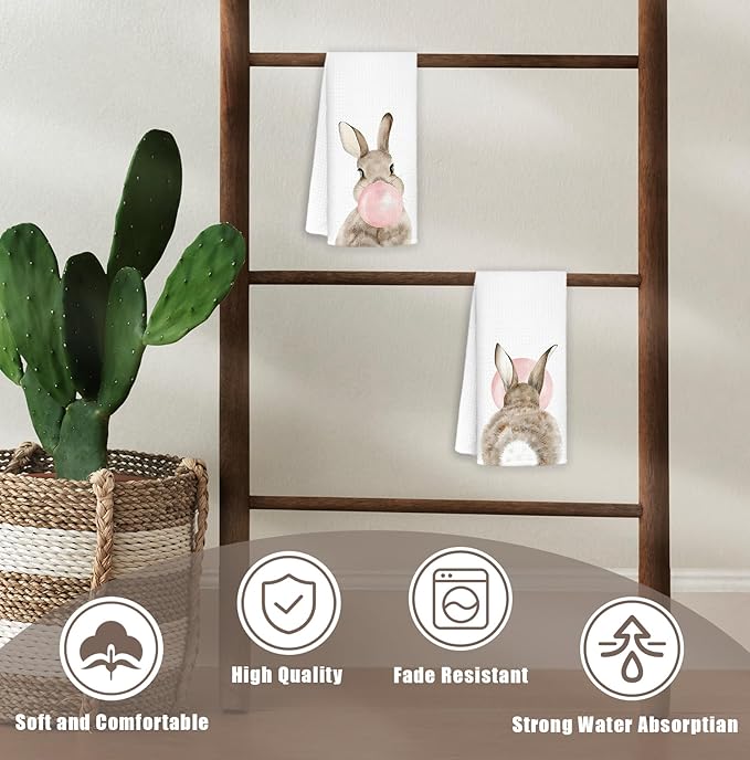 Pink Bubblegum Rabbit Bunny Kitchen Dish Towels Set of 2, Bunny Gifts for Women Girls, Kids Bathroom Decor, Rabbit Gifts Hand Tea Towels for Kitchen Bathroom Decor, 16x24 Inch