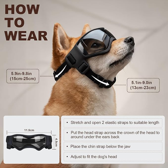 Goggles for Dogs, Ownpets Dog Glasses UV Protection Goggles Snow Protection Wind Protection Dust Protection with Adjustable Strap (Black, Medium)