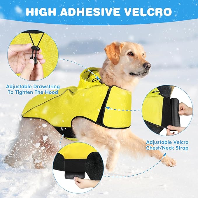 BiPawTi Dog Rain Jackets for Large Dogs, Waterproof Raincoat for Dog, Lightweight Reflective Safety Pet Rain Coats with Hood/Leash Hole/Reflective Strip - Yellow, L