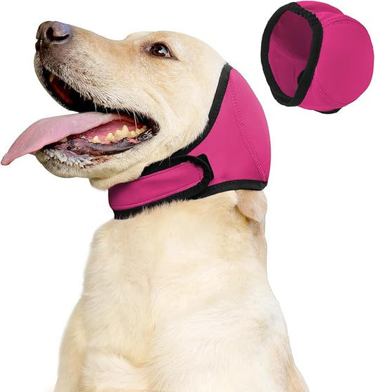 Waterproof Dog Ear Covers for Grooming, Bathing,Swimming, Pet Calming Hoodie Dog Ear Muffs Noise Protection for Blow Drying Sleep Help Headband (Pink，L)