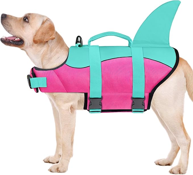 Malier Dog Life Jacket, Ripstop Dog Life Vest with High Buoyancy for Swimming Boating, High Visibility Shark Puppy Lifesaver for Small Medium Large Dogs (X-Large)
