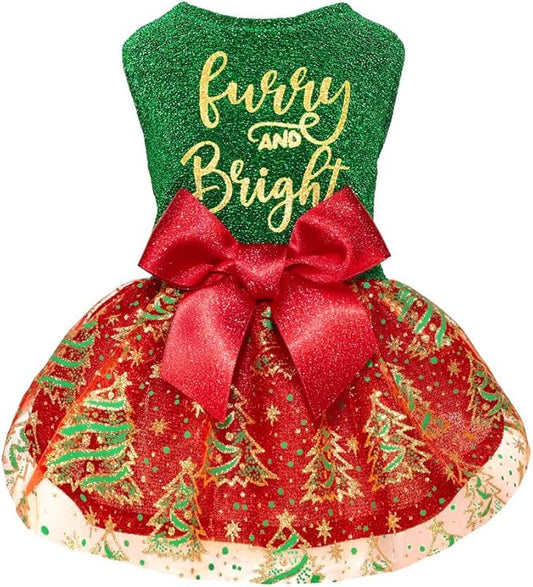 Fitwarm Furry and Bright Dog Christmas Outfit, Sparkly Pet Holiday Tulle Dress, Dog Winter Clothes for Small Dogs Girl, Dog Christmas Tree Outfit, Red, Green, Golden, Small