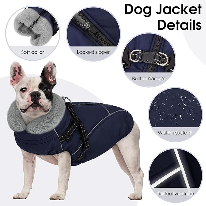 XL Dog Winter Coat with Harness Built in, Dog Puffer Jacket for Large Dogs, Pet Warm Winter Vest, Dark Blue XL