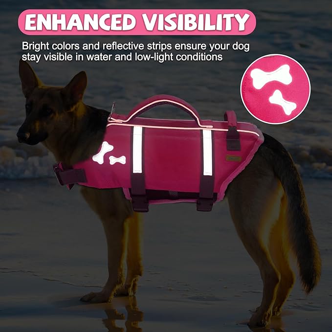 EMUST Dog Life Jacket, Lightweight Dog Life Vests with Thickened Rescue Handle for Large Dogs, Pet Safety Swimsuit Preserver for Swimming Pool Beach Boating, BrightPink, XXL