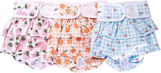 Avont 3 Pack Washable Female Dog Diapers, Reusable Period Diapers Cover for Girl Doggies Heat Cycle, Incontinence -Strawberry/Orange/Cherry(S)