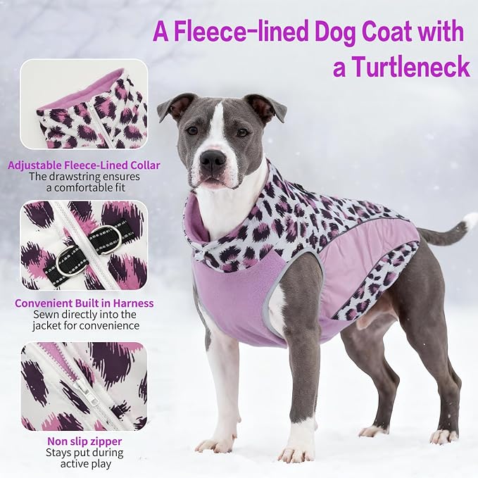 Dog Coats for Medium Dogs with Harness Built in, Waterproof Dog Jacket Warm Pet Winter Coat Snowsuit for Cold Weather, Reflective Fleece Windproof Jacket, Purple, U-LDMF05L