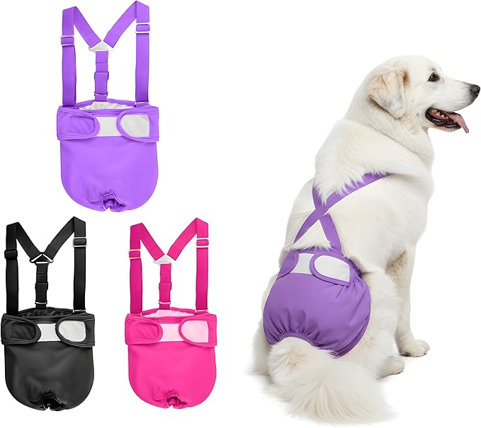 Washable Female Dog Diaper with Suspender - 3 Pack Reusable Super Absorbent & Leakproof Fixed Doggie Diapers for Dogs in Heat Cycle