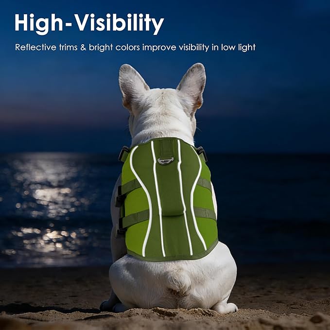 Dog Life Jacket, High Buoyancy Dog Life Vest with Handle for Swimming Boating, Adjustable Swimming Vest with Reflective Trim for Small Medium Large Dogs - Army Green, L