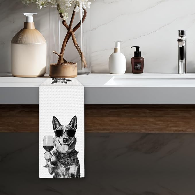 Blue Heeler Gifts Wine Kitchen Towels, Gifts for Blue Heeler Dog Wine Lovers Decorative Hand Dish Tea Towel for Kitchen Home Bar, Funny BlueHeeler Dog WineLover Home Bar Kitchens Decor(16x24In)