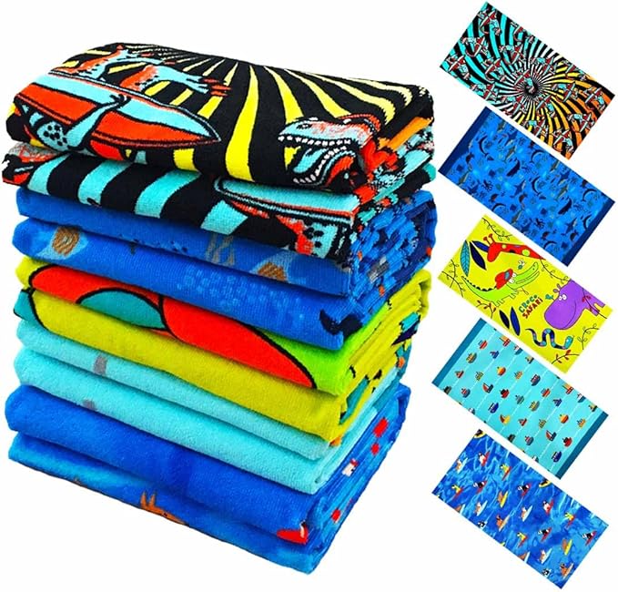 YIFONTIN Kids Beach Towels Microfiber Blanket Throw Super Soft Absorbent 5-Piece Set 27.5"x55" Gift for Bath Camping Swimming Sports Picnic Travel Holiday, Dinosaur Shark Crocodile Vessel Puppy.
