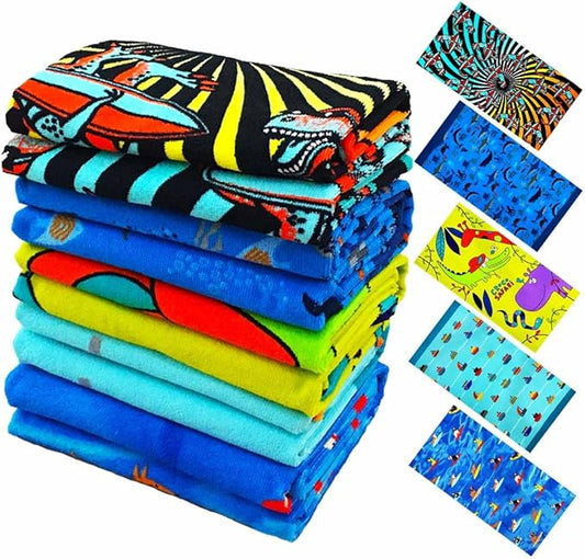 YIFONTIN Kids Beach Towels Microfiber Blanket Throw Super Soft Absorbent 5-Piece Set 27.5"x55" Gift for Bath Camping Swimming Sports Picnic Travel Holiday, Dinosaur Shark Crocodile Vessel Puppy.