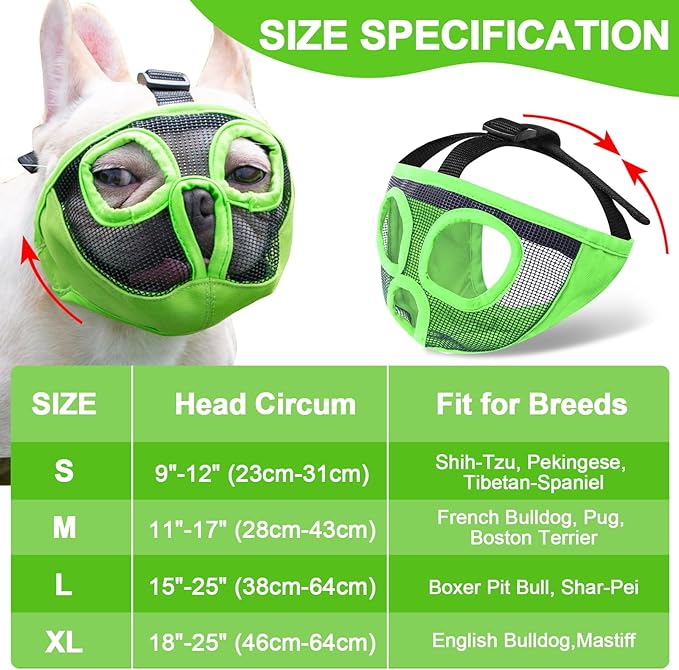 Short Snout Dog Muzzles- Adjustable Breathable Mesh Bulldog Muzzle for Biting Chewing Licking Grooming Dog Mask,Green XL